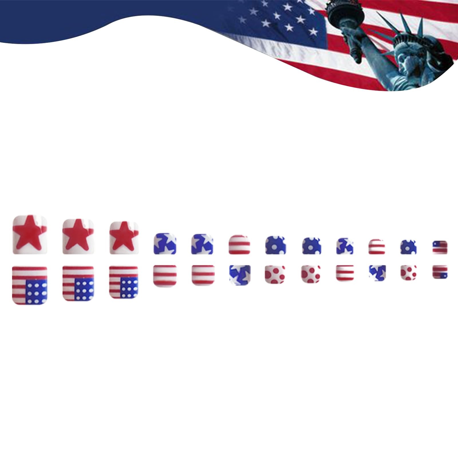 July 4th Press-On Toenails Short Square False Toenails Glossy Red Blue and Wh…
