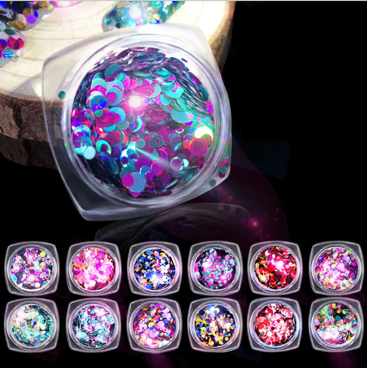 12 Colors Laser Glitter Flakes Round Shape Nail Sequins Nail Art Decoration Tips