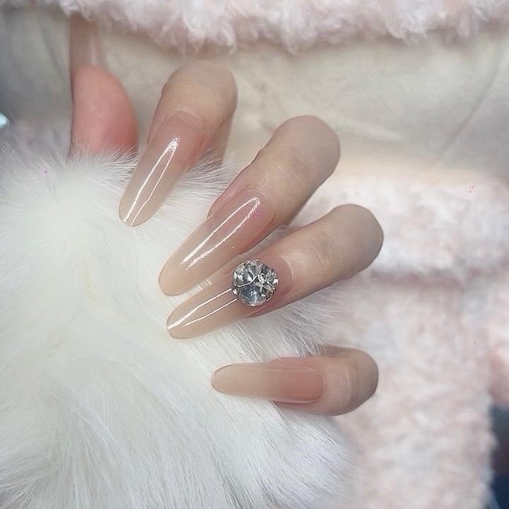Tipora Press on Nails Pink Long Oval Shape with Round Rhinestones Design 128