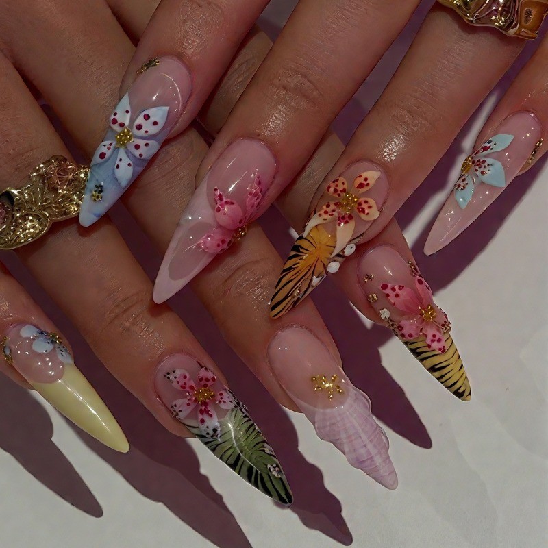 48Pcs-Summer Hibiscus Art Press on Nails Glossy Long Stiletto Nail Art Set