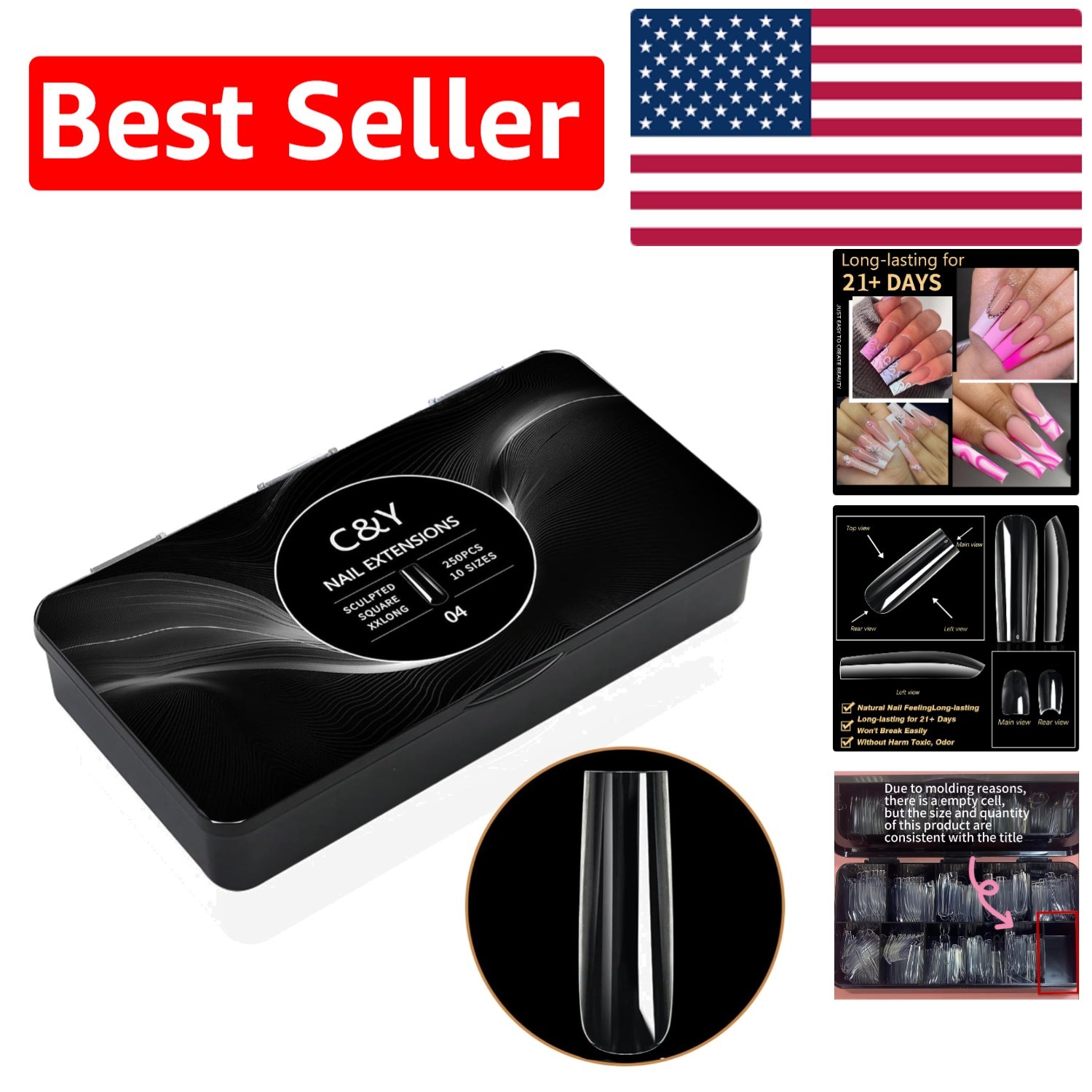 250 Pack XXLong Square Soft Gel Nail Tips – Glossy Finish for Perfect Nails