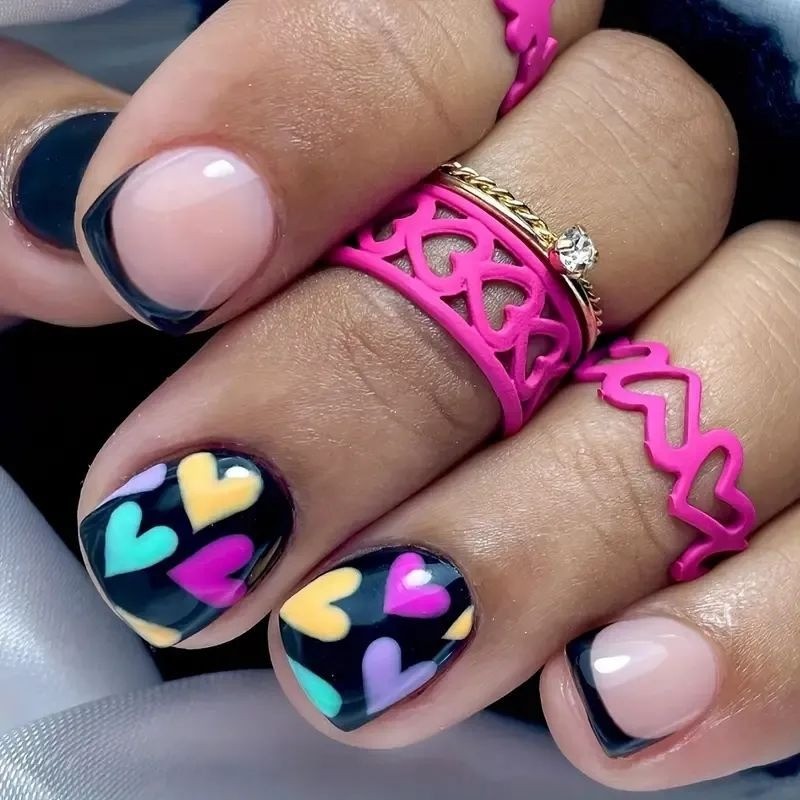 48PCS Short Square Black Powder Multi-color Heart-shaped Reusable Fake Nails