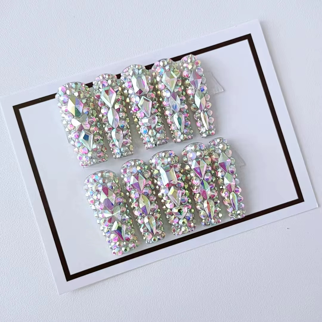 Handmade Press on Nails, Bling Bling Rhinestone AB “Pick “.