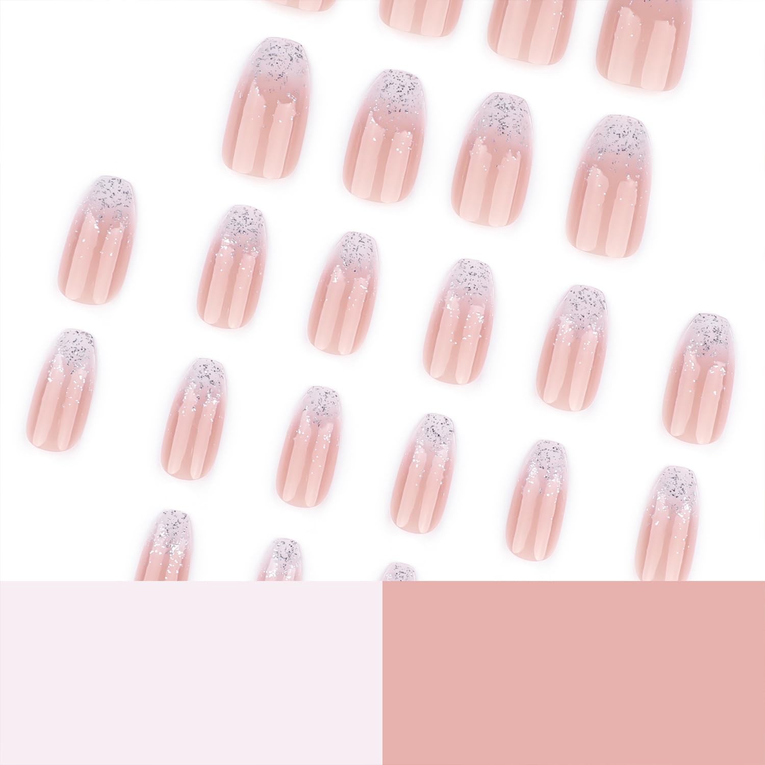 Silver Glitter French Tip Press on Nails Medium Coffin Fake Nails Gradient