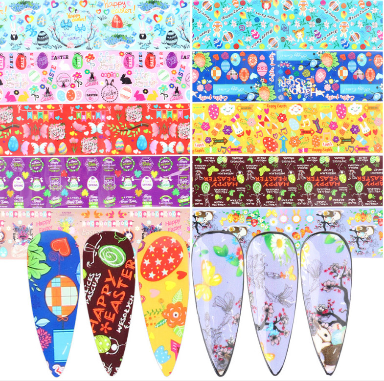 10 Rolls Easter Rabbit Eggs Flower Heart Nail Foil Transfer Stickers Decals