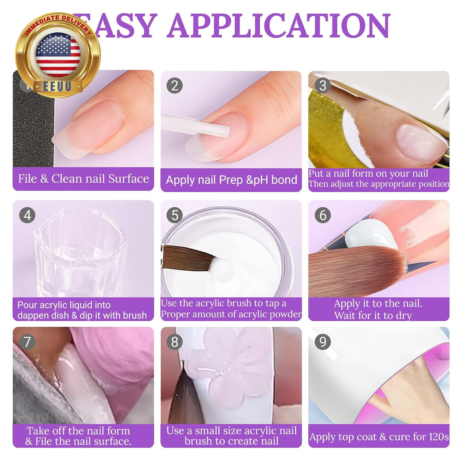 9Pcs Acrylic Nail Kit – 4Pcs Acrylic Powder (Pink, White, Clear, Nude) and Profe