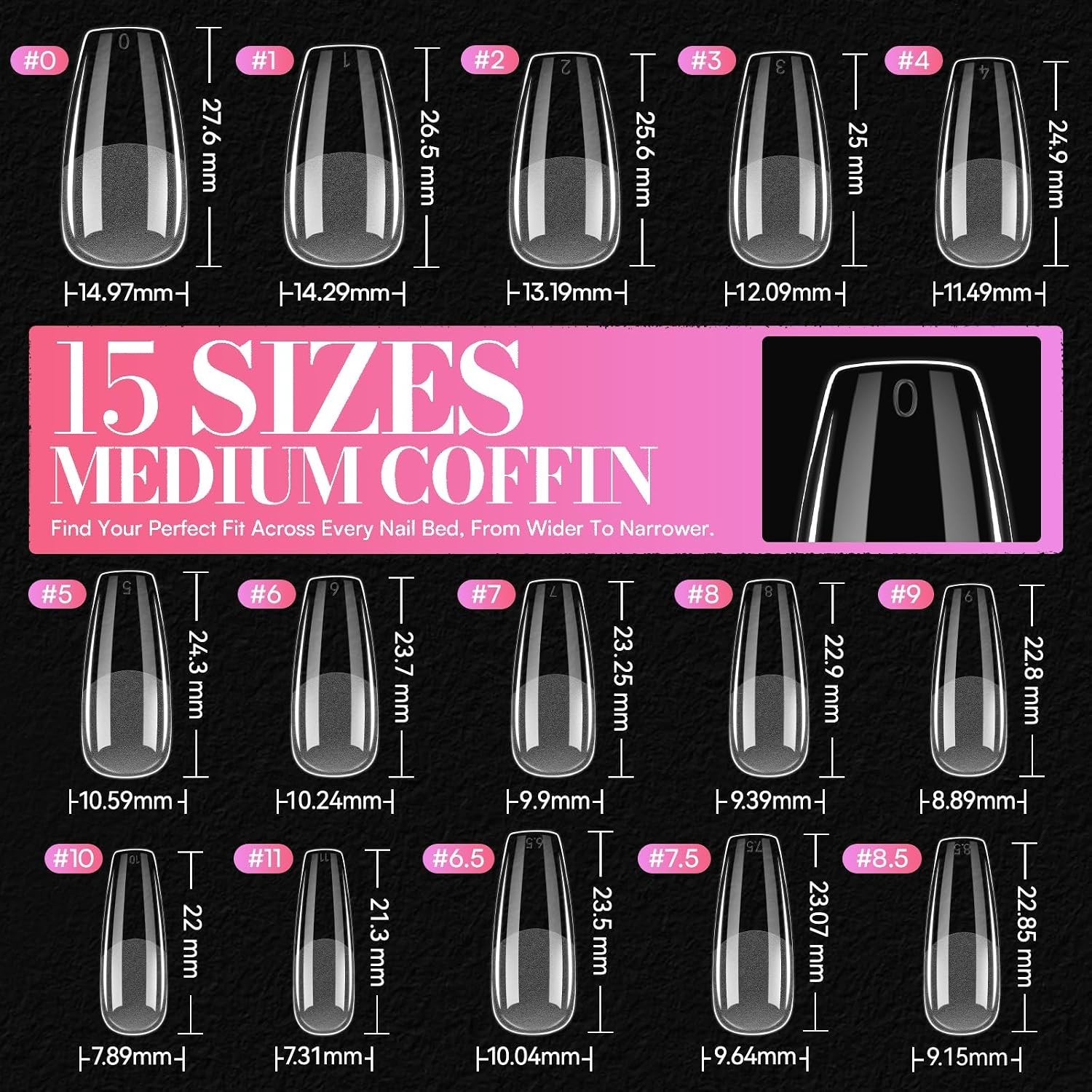 15 Sizes Medium Coffin Clear Nail Tips – Durable Half Matte Design, 504 PCS