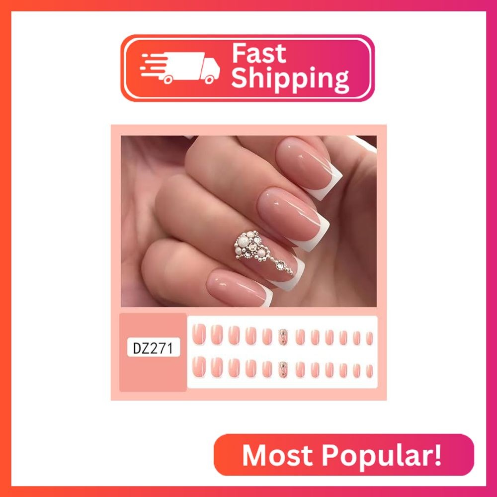 Vezocim Medium Press on Nails – Square, 24pcs French Tips Acrylic Nails with Glo