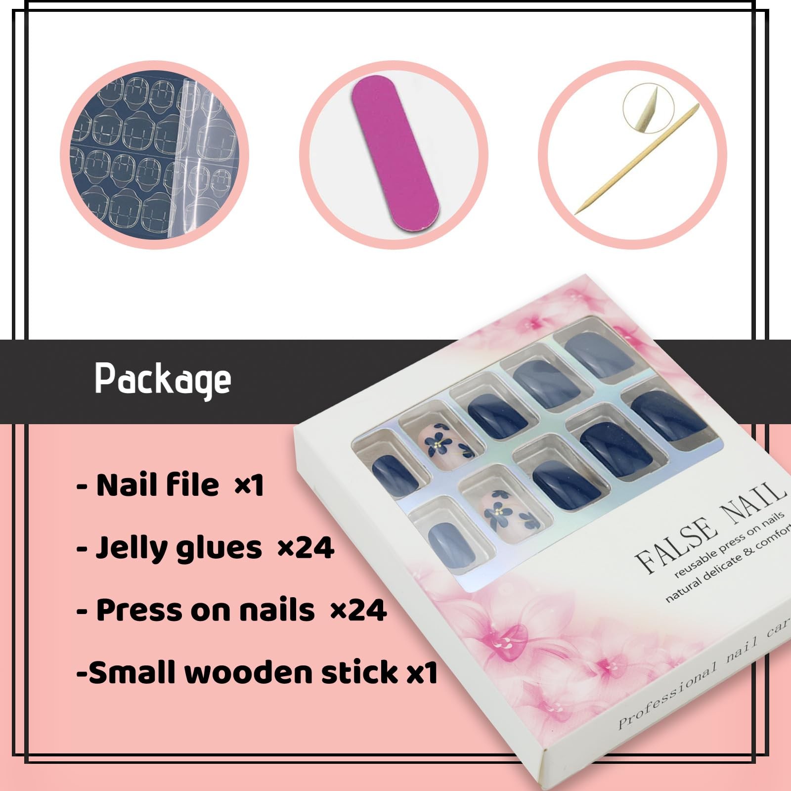 Spring Dark Blue Press on Nails Short Square Acrylic Nails Press ons Summer F…