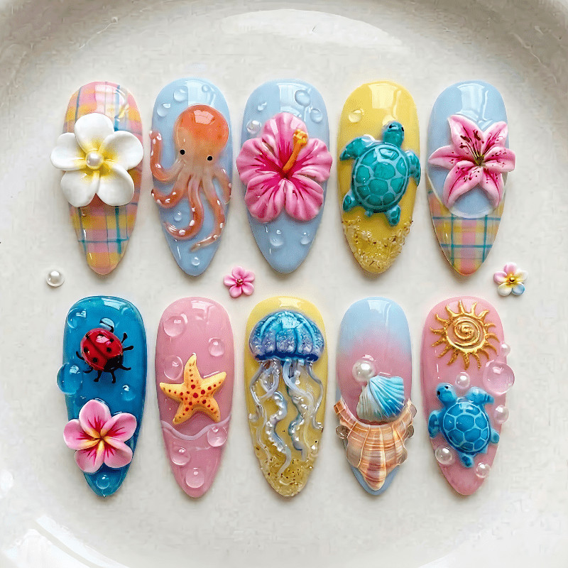 60Pcs Ocean Animal Press on Nails, Medium Almond 3D Turtle Jellyfish Fake Nails