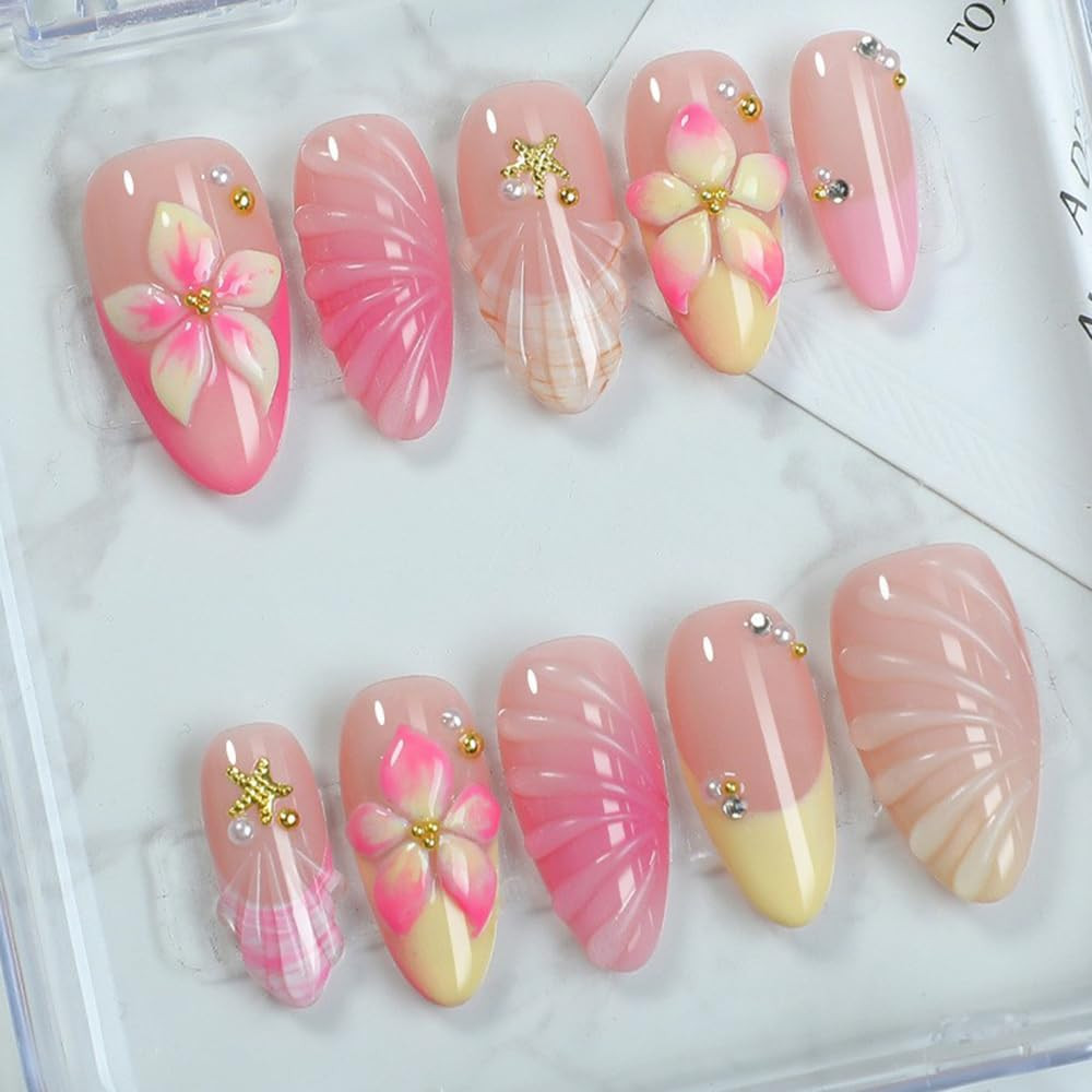 3D Flower Press on Nails Almond Summer Spring Pink Nails Press on French Fake Na