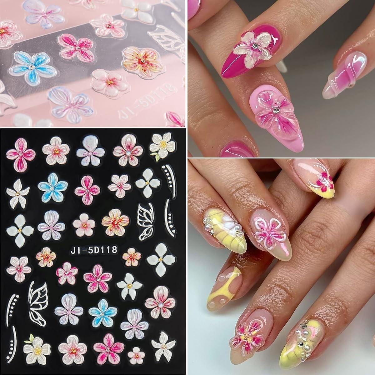 Colorful 5D Floral Nail Art Stickers – Easy Peel & Stick Designs for Spring