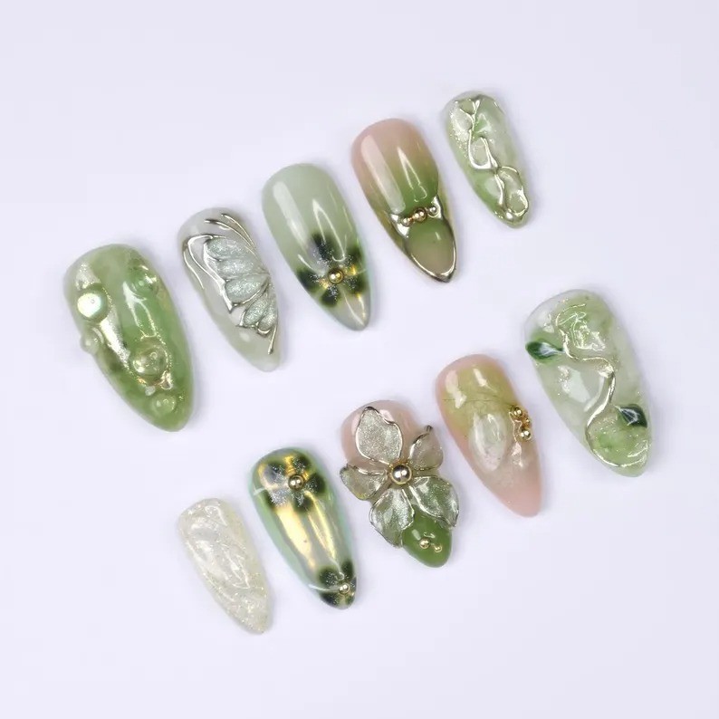Green Butterfly Handmade Press-On Nails 3D Floral