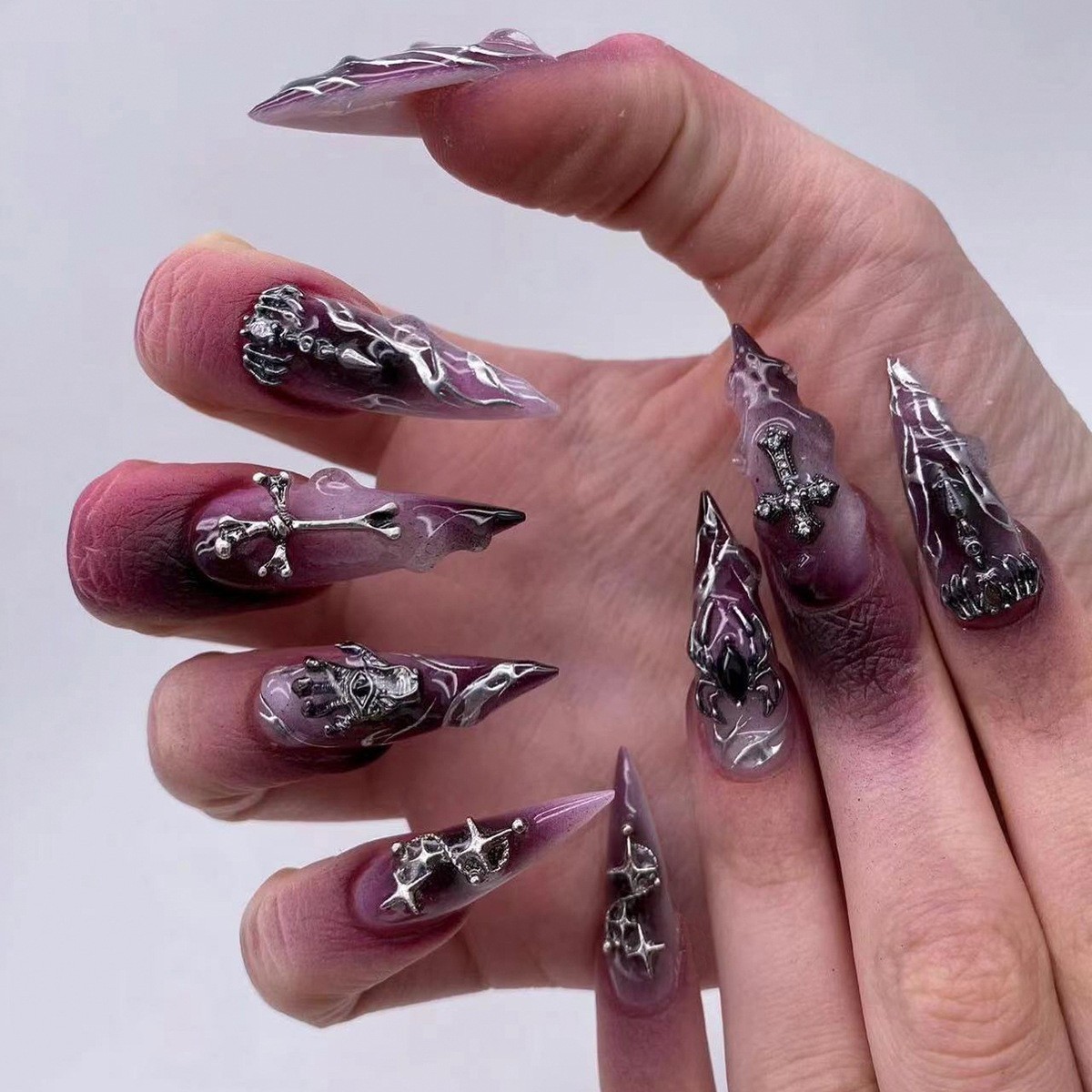2025 Ins Gothic Style press on nails with 3D Sliver Metal Cross, Long Stiletto