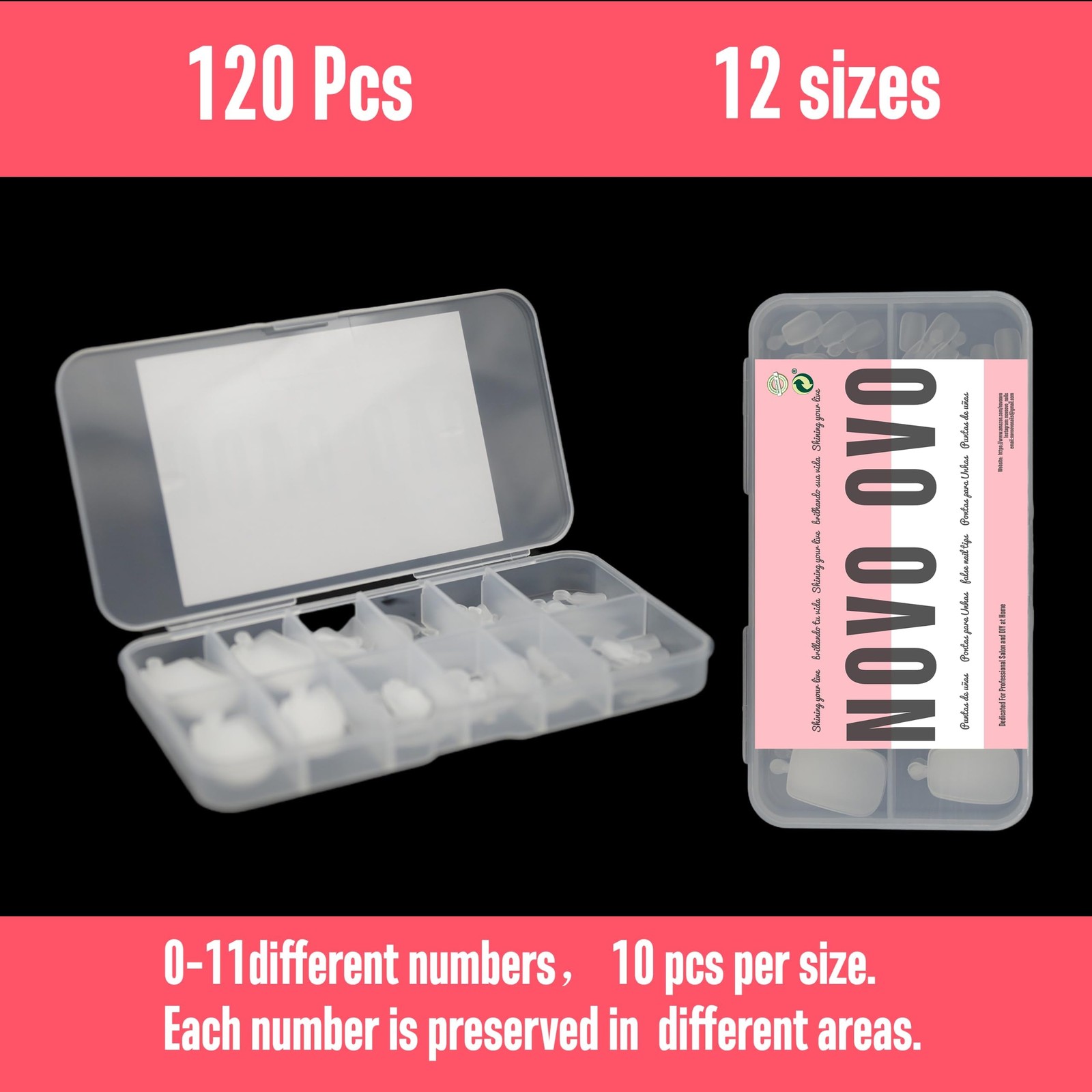 NOVO OVO 120 pcs 120 Piece Assortment, Long Toe Full Cover Clear Small Box
