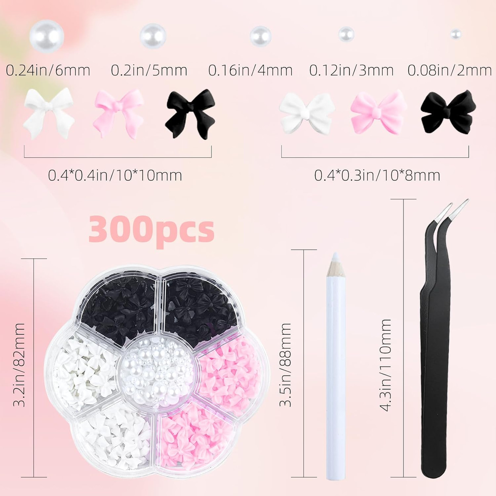 300 Pcs Nail Art Rhinestones and Flatback Pearls Set, Bowknot and Crystal