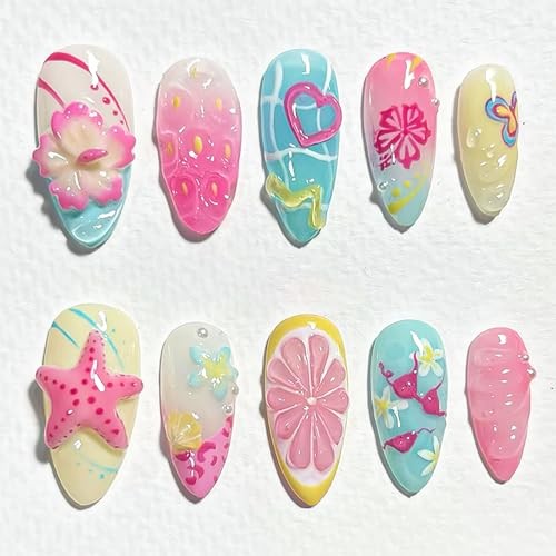 30pcs Summer Press on Nails Medium Almond Fake Nails with 3D Flower Handmade-14