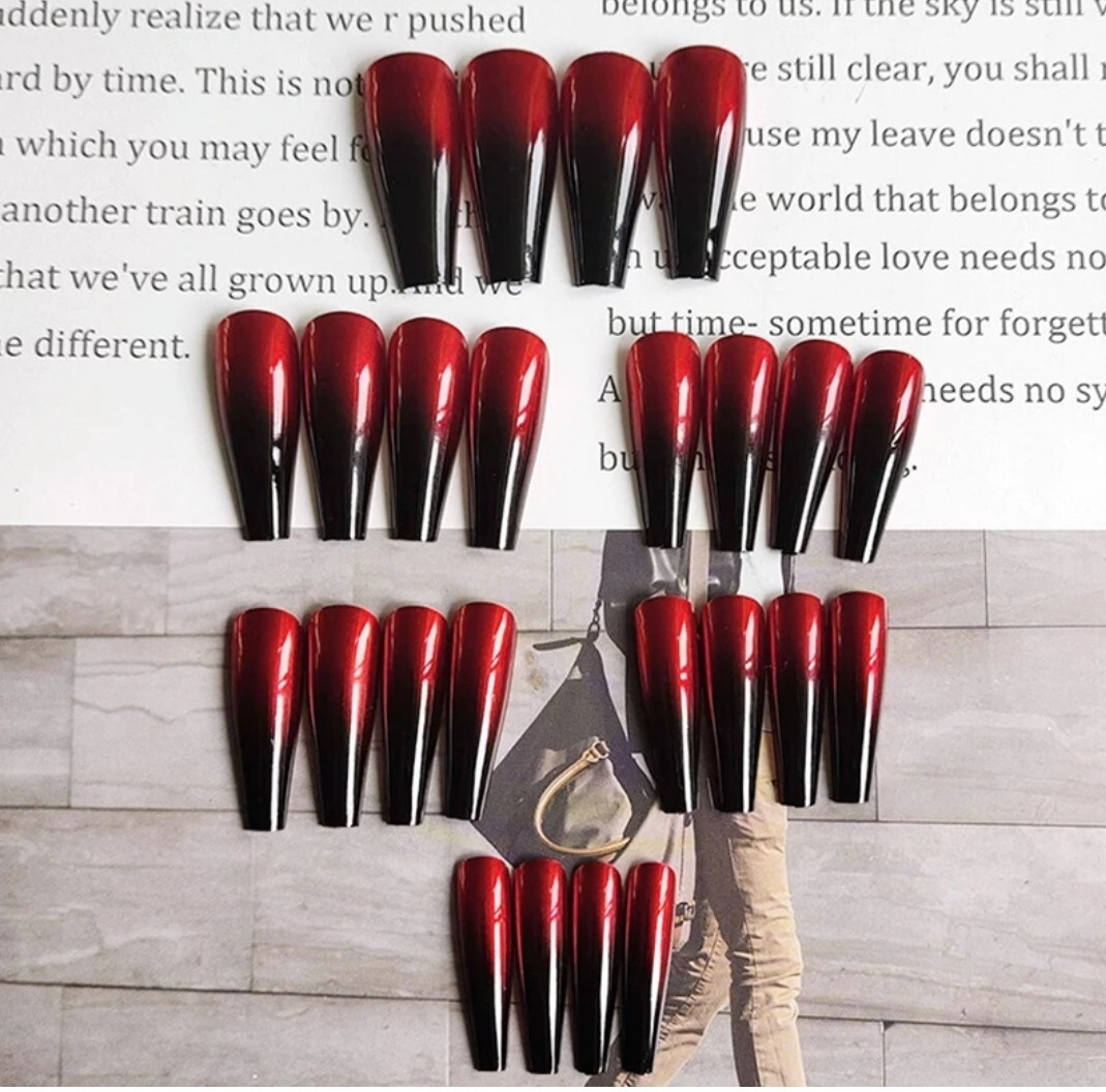 24 Black Red Ombre French Press on nails kit goth xmas metallic shimmer edgy