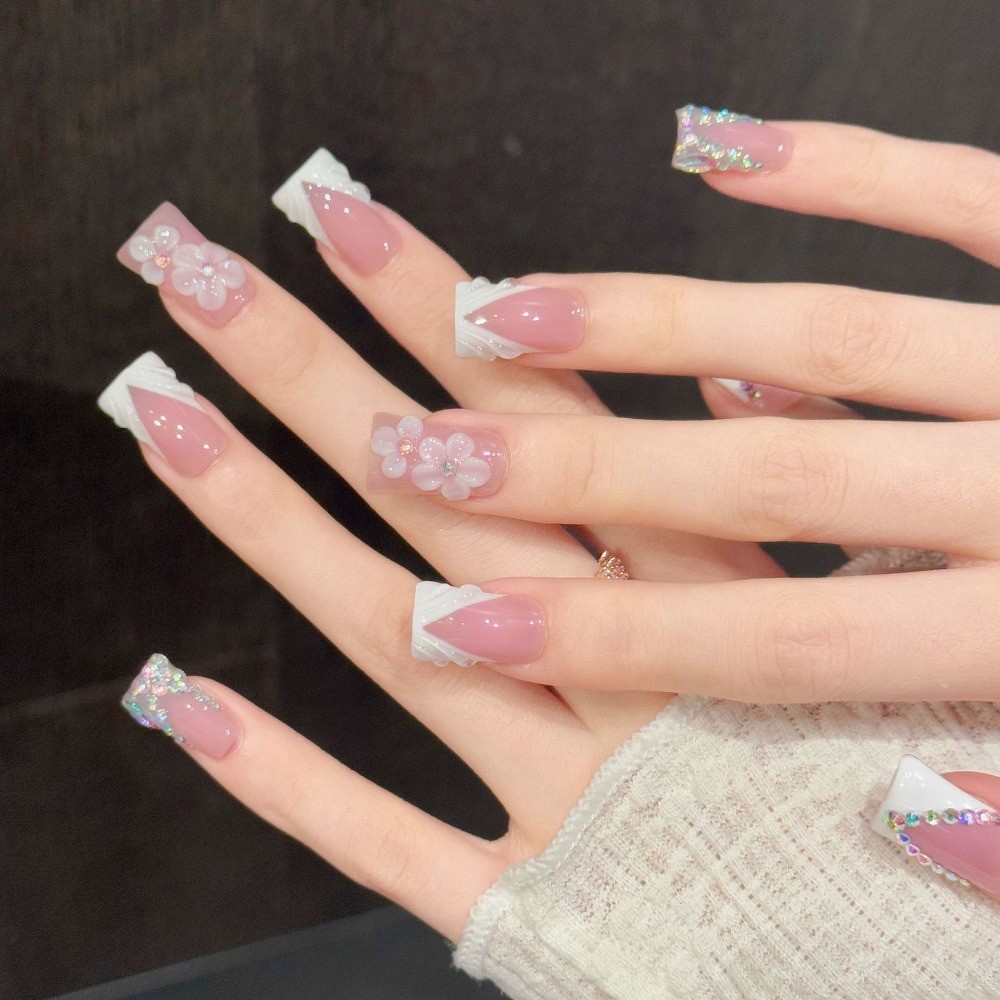 10pcs Pink Flower Press on Nails AB Rhinestone Duckbill Fake Nail Tips