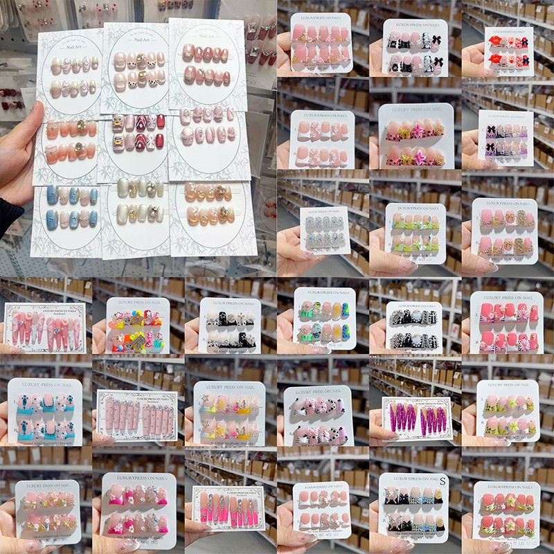 48Pcs 3D Rhinestone Pearl Press On Nails Almond Coffin Removable For Date
