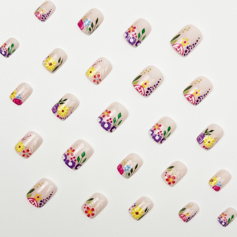 48pcs-Nude Nails with Hand-Painted Colorful Flowers, Leaves and Tiny Rhinestones