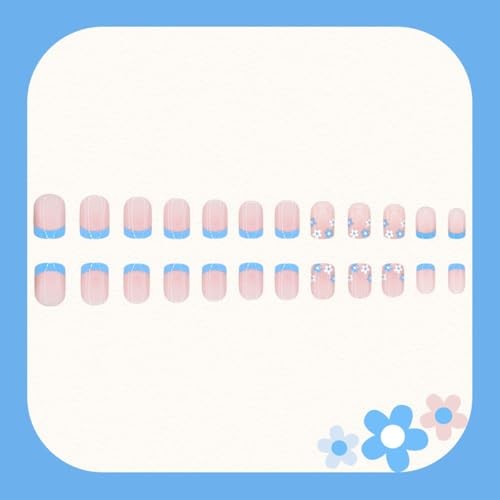Spring Summer Press on Nails Blue French Tip Fake Nails Flowers Design Style-14