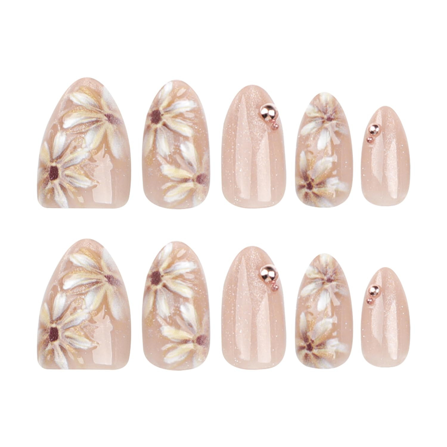 24Pcs Flower Press on Nails Short Almond Fake Nails with 3D Gold Beads Design Da