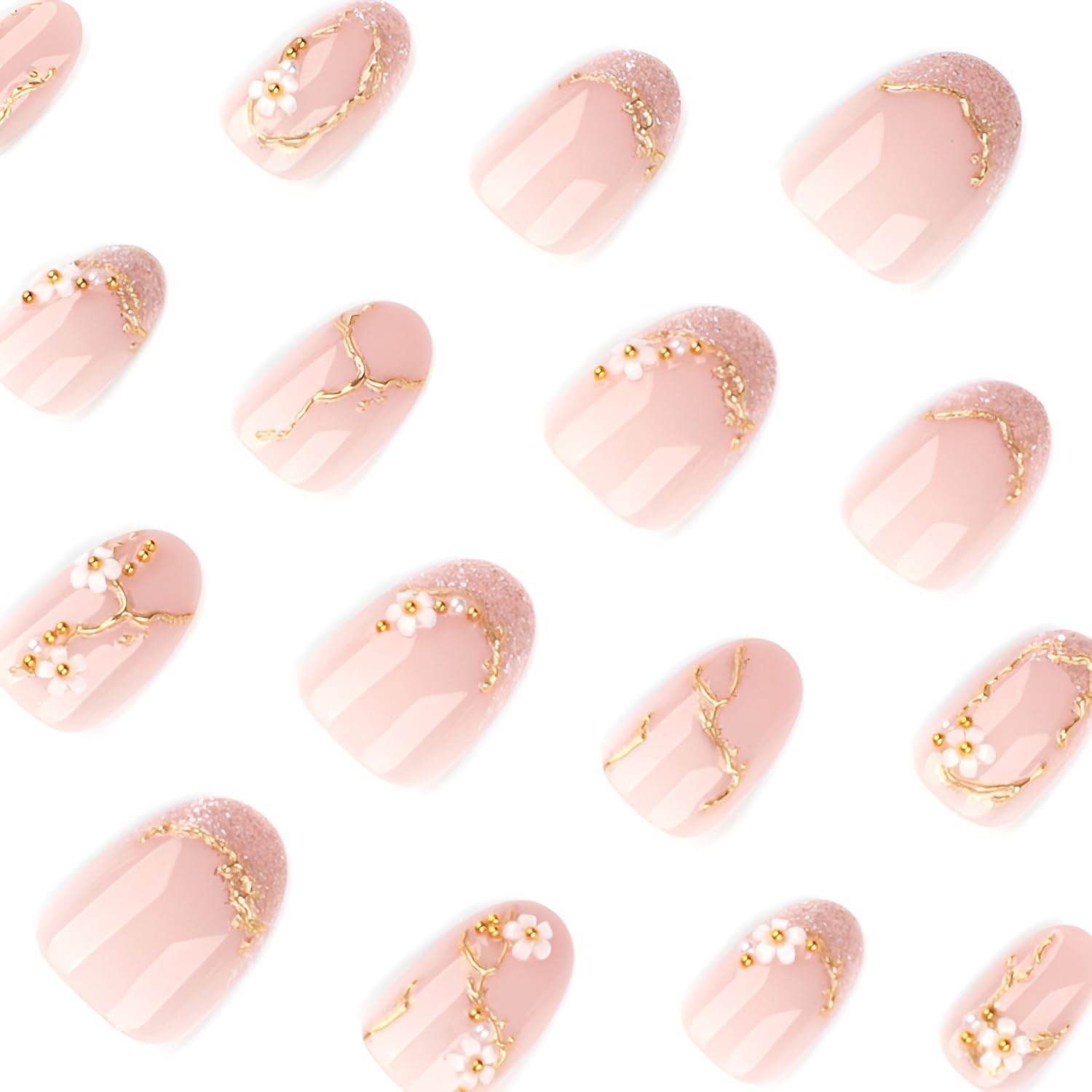 Flower Press on Nails Short Almond Fake Nails Glitter French Tip White Flower 1