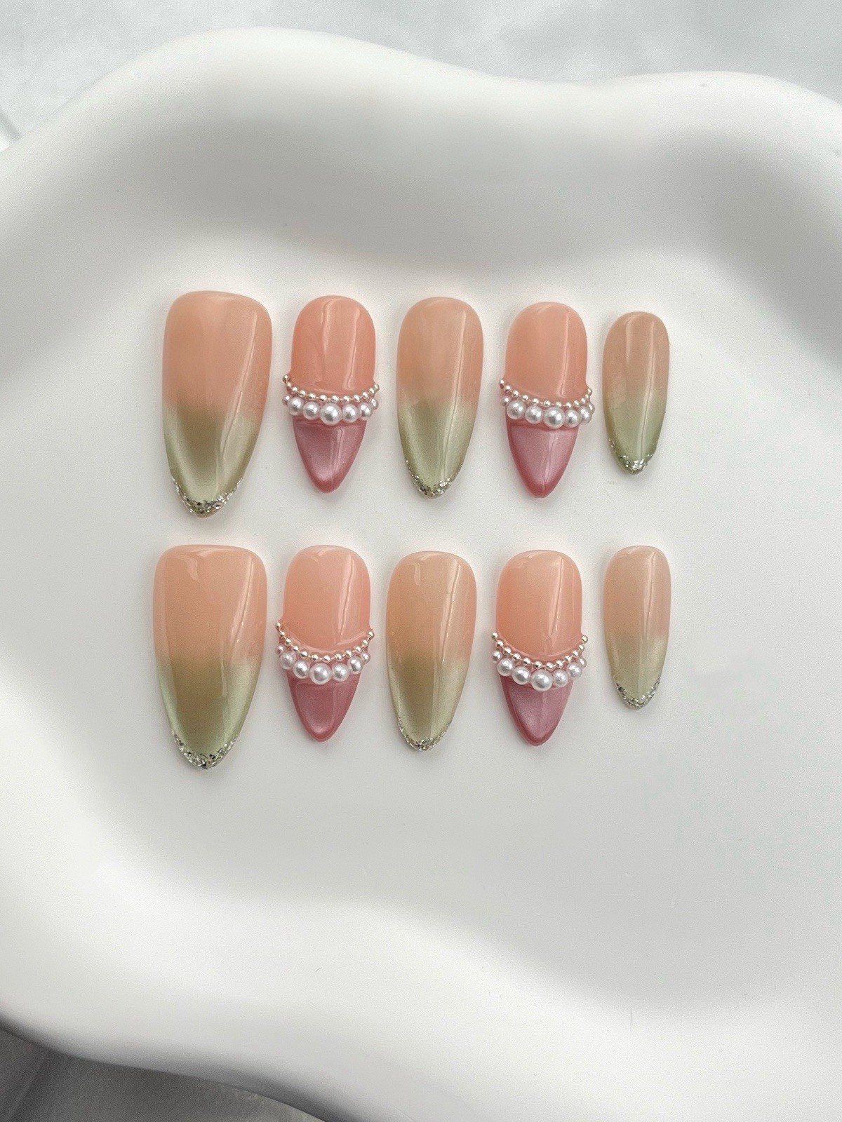 Acrylic Almond Press-On Nails Set, Full Cover, Nude Pink Green, French 3D Matte