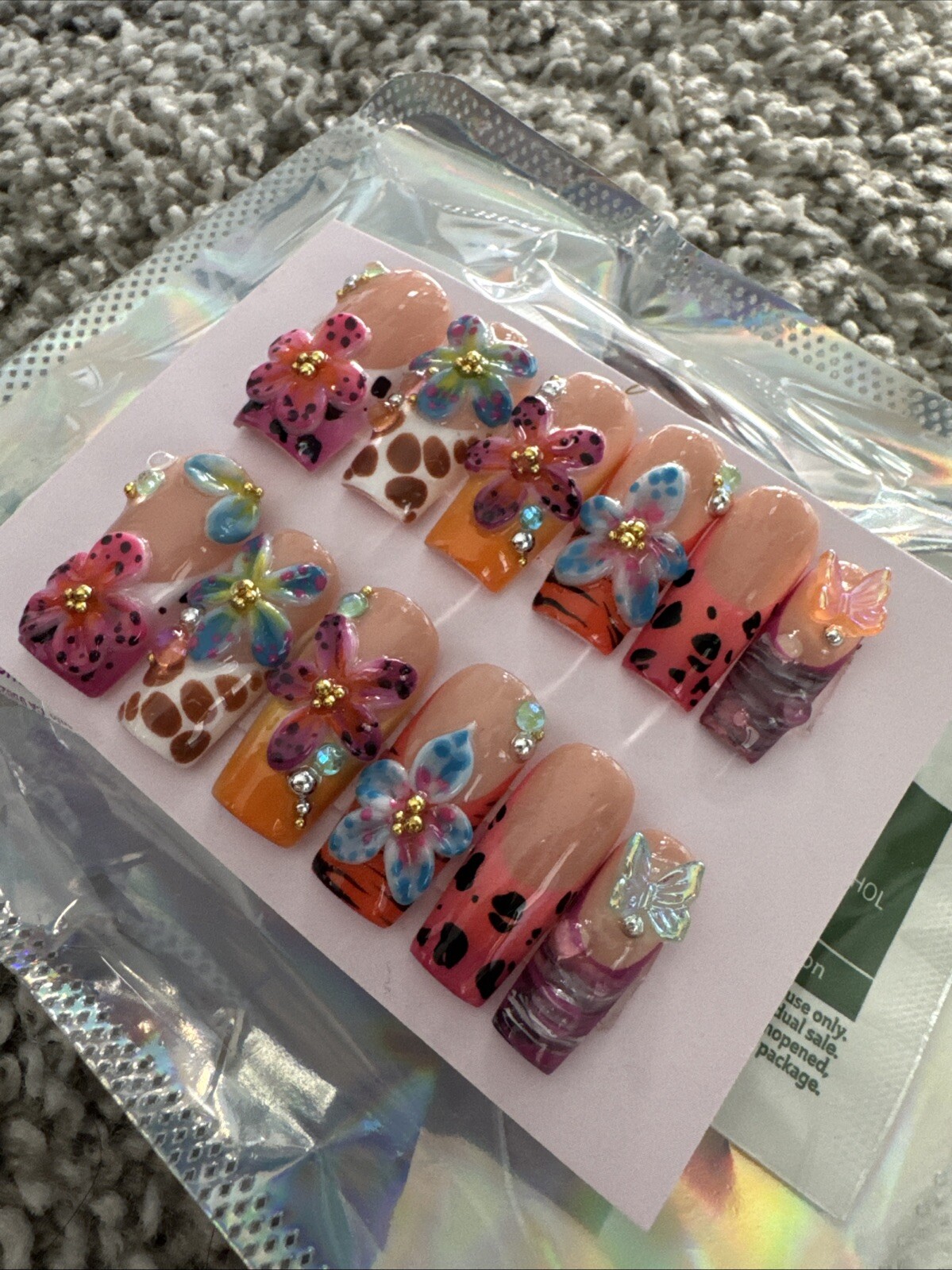 New Custom Press On False Fake Nails French Animal Print Flower Butterfly 12 pc