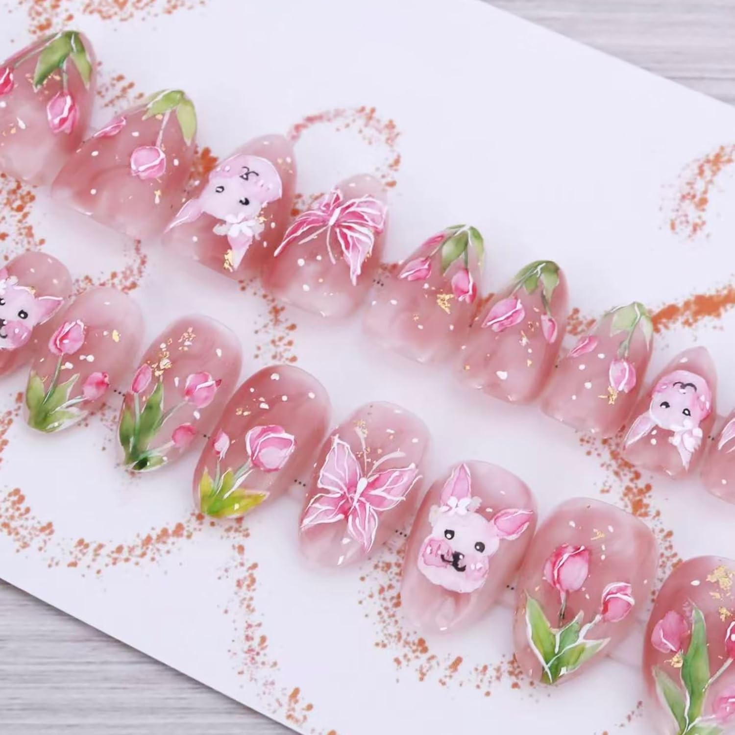 24Pcs Easter Bunny Press on Nails Almond Medium Fake Nails Flower Butterfly P…