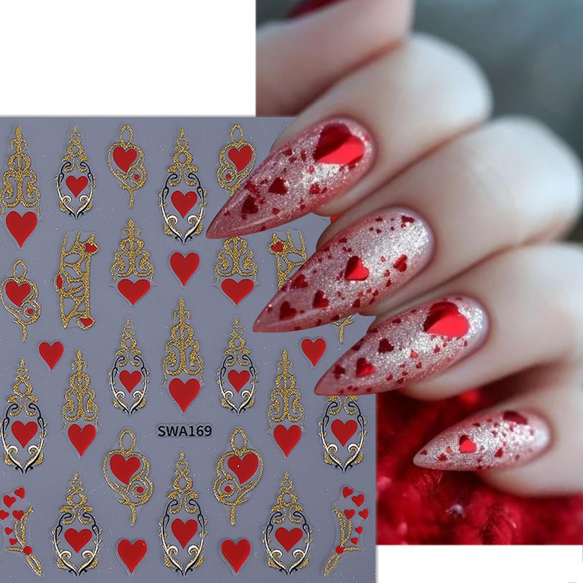 4 Sheets Valentines Nail Stickers 3D Self-Adhesive Pink Red Heart Nail Art St…