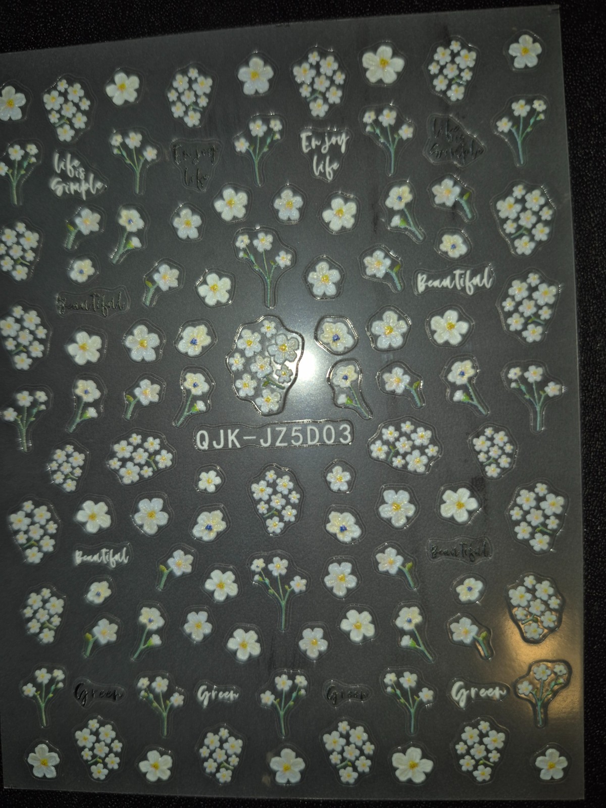 4 Sheets Nail Art Stickers, Flowers Quotes Blue Purple White Yellow NEW