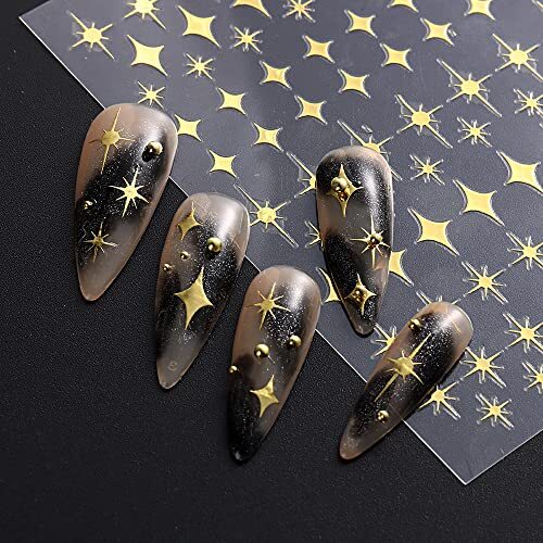 8 Sheet Shiny Gold Stars Nail Stickers Silver 3D Four-Pointed Star Nail