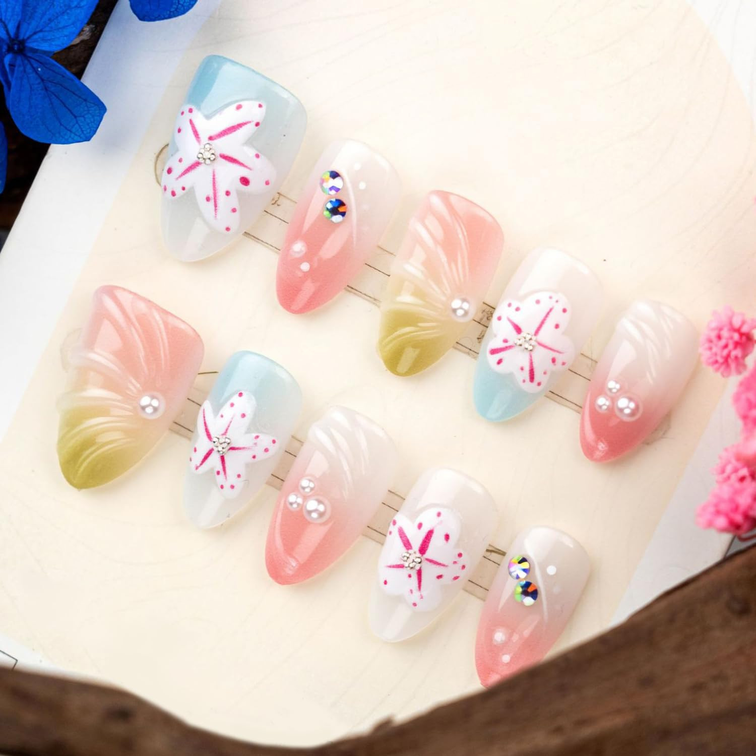 30Pcs Spring Summer Press on Nails Medium Almond Fake Nails with 3D Flower Leaf