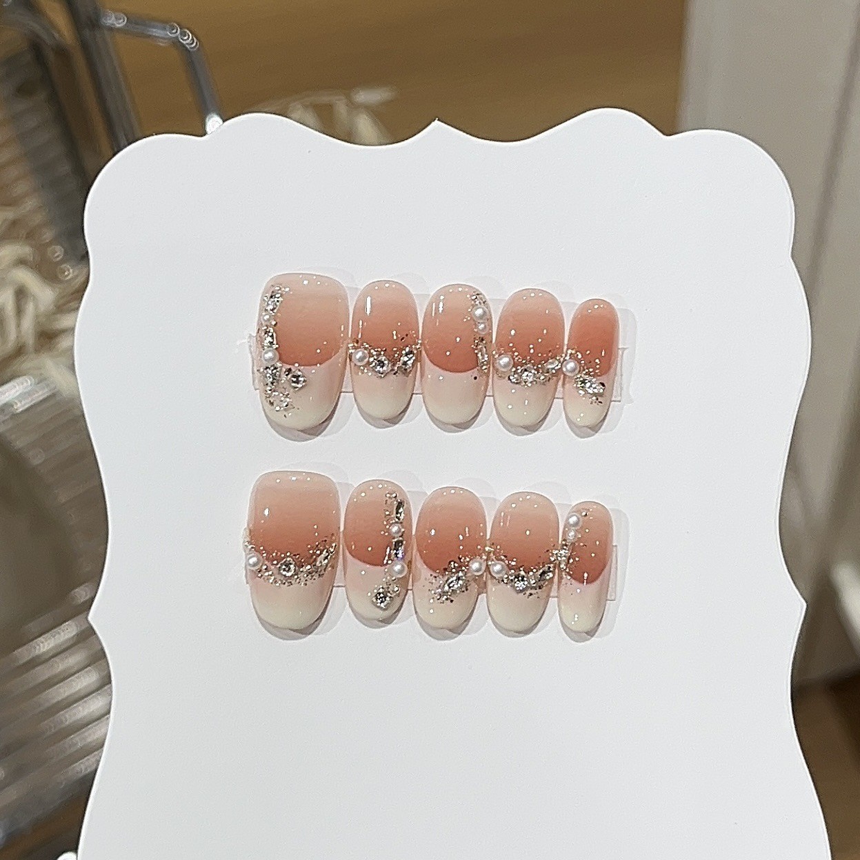 10Pcs Handmade Orange Pink Long Oval Press On Nails French Rhinestone