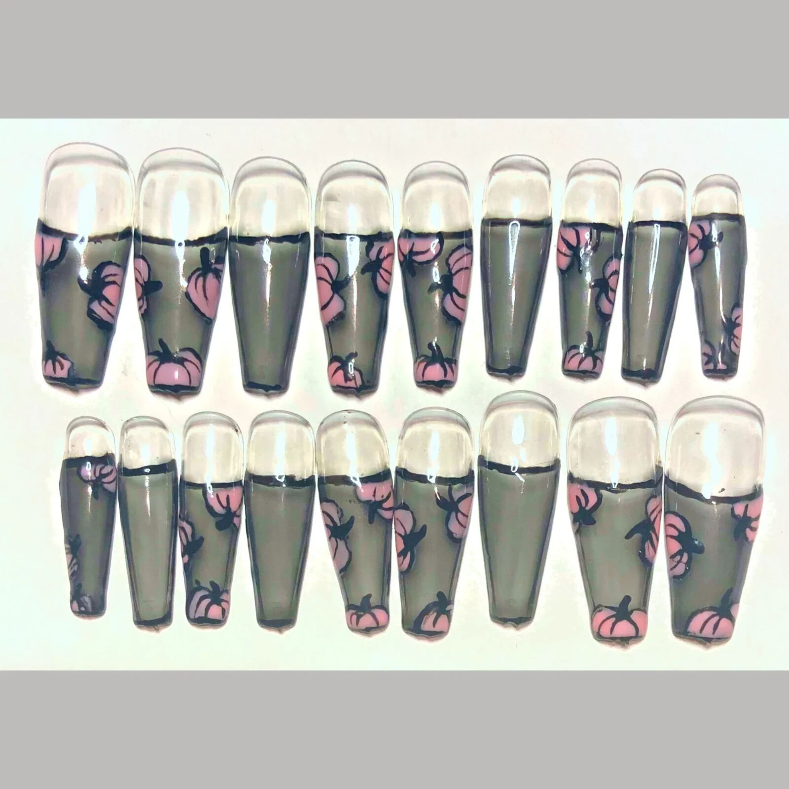 Pink pumpkins on sheer black- Press on nail set- Size 0-8, Ex-long Ballerina