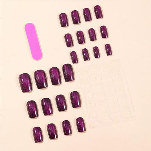 Glitter Dark Purple Cat Eye Press on Nails Medium Square Fake Nails Glossy