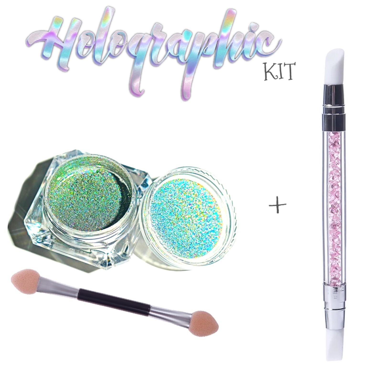 Nail Chrome Powder Rainbow Holographic KIT 15um Super Fine + Silicone Brush DIY