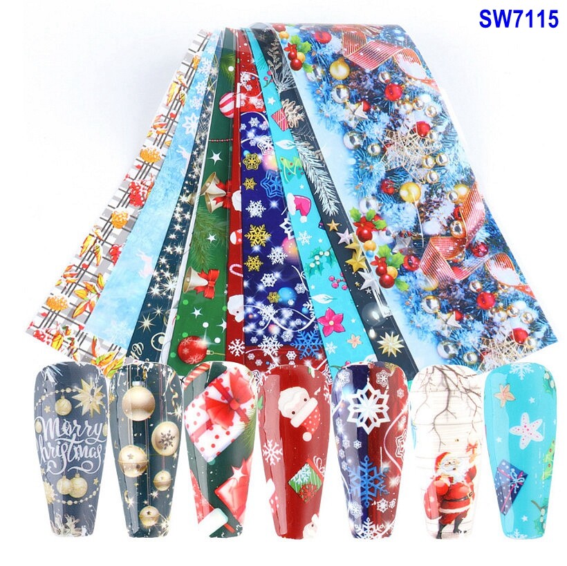 Christmas Nail Foil Transfer Stickers Santa Snowflake Reindeer 10Pcs 20X4cm