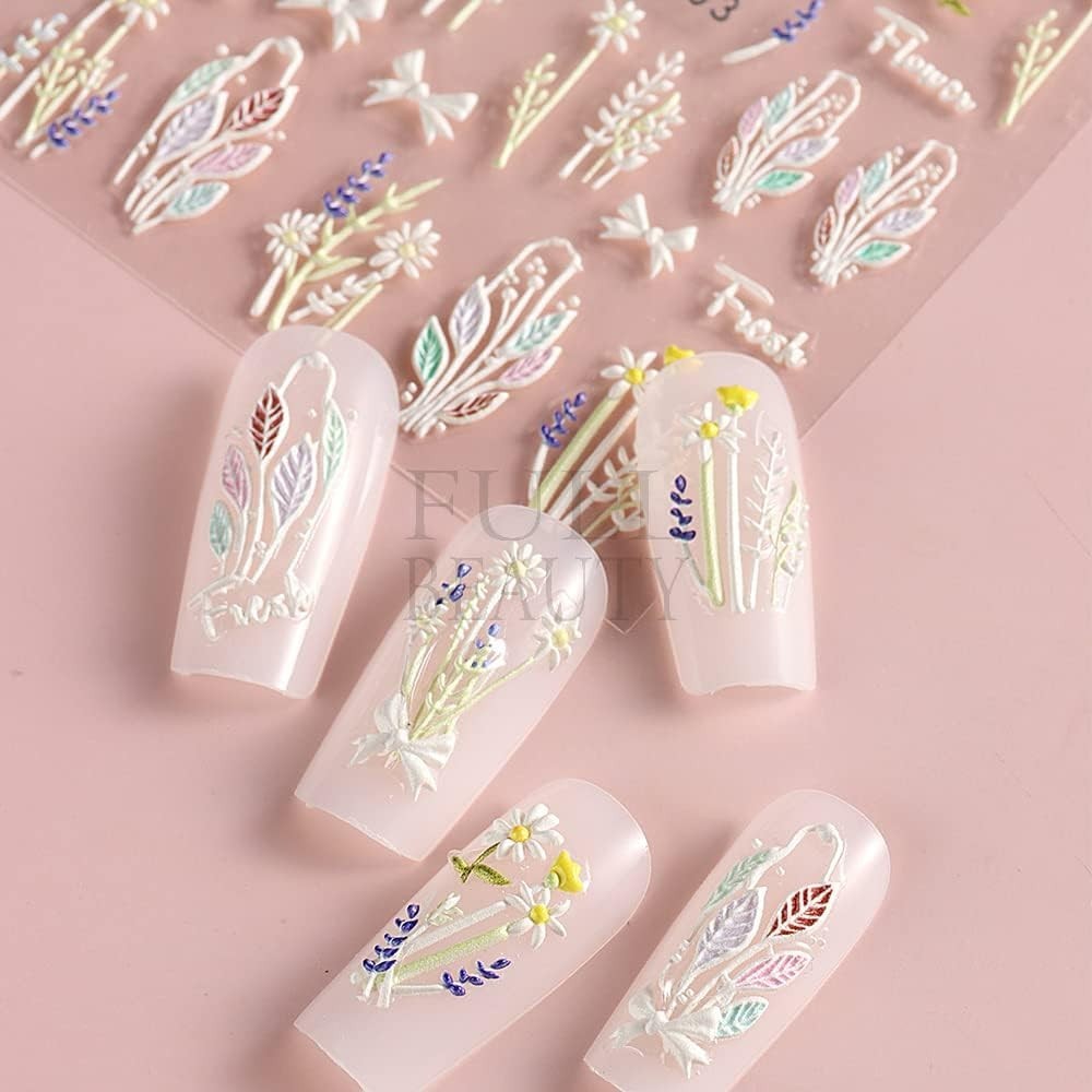 5D Flowers Nail Art Stickers 4 Sheets Pink Flowers Geometric Lines Decor Acry…