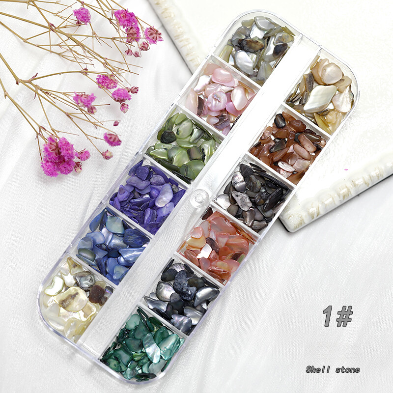 12 Grid Box – Irregular Iridescent Shell Slices Nail Art Shell Piece Painting