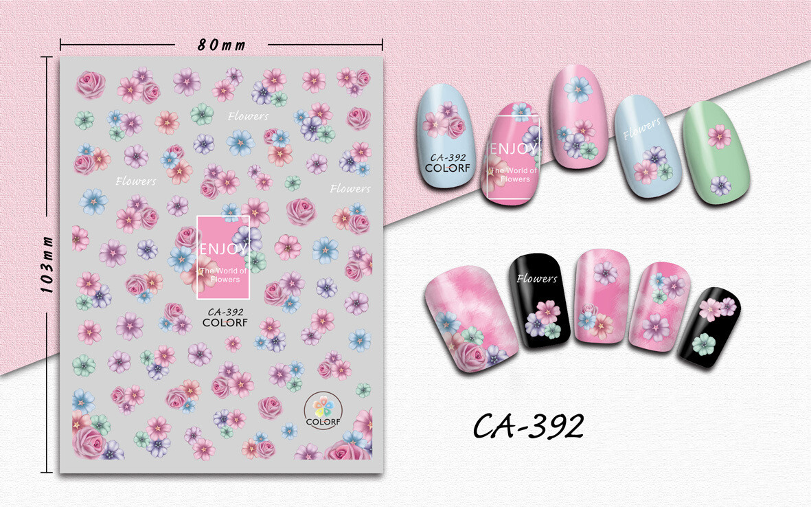 Nail art 3D stickers decal pink purple blue green flowers CA392