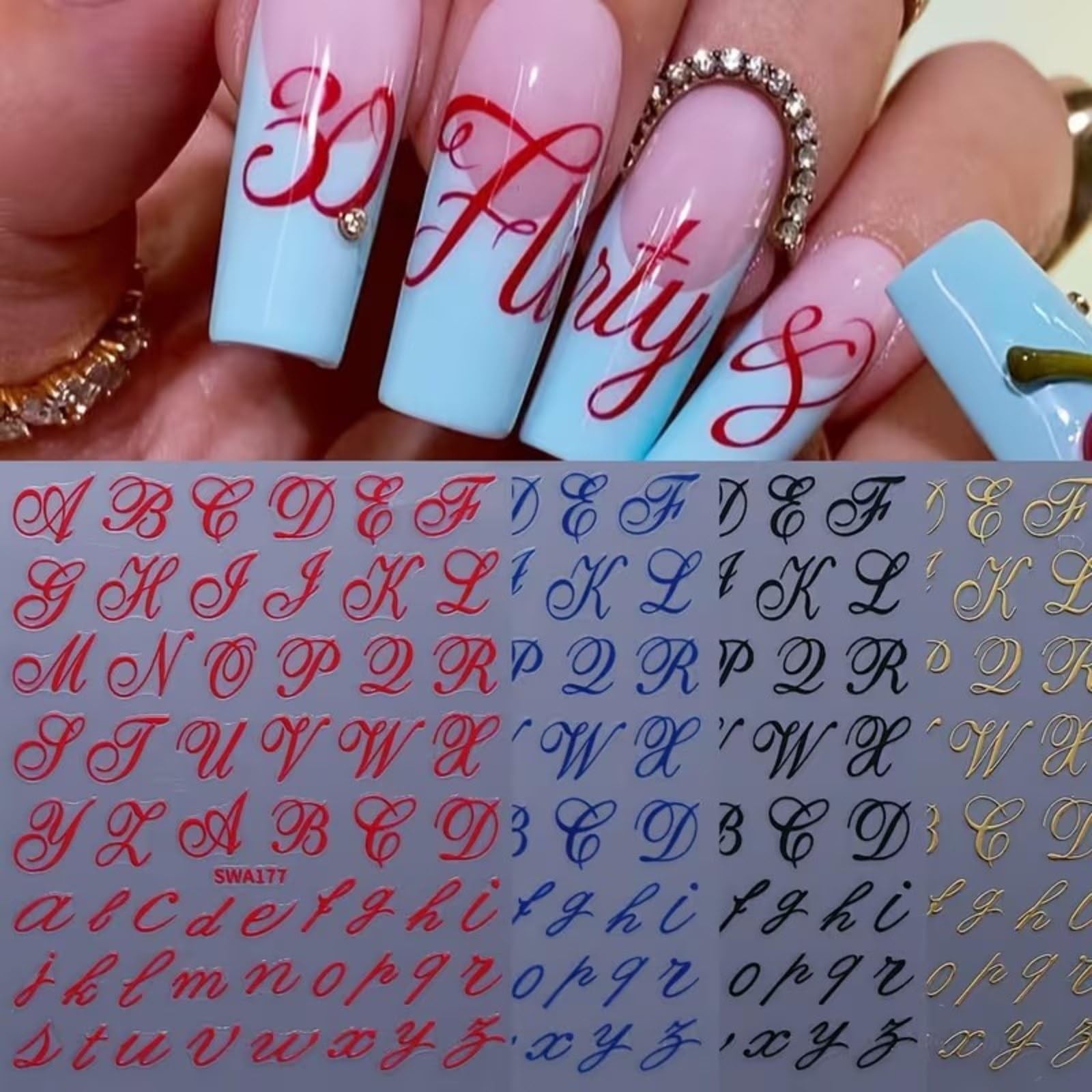 4 PCS 3D Old English Letter Nail Art Stickers Gold Blue Red Black Decals