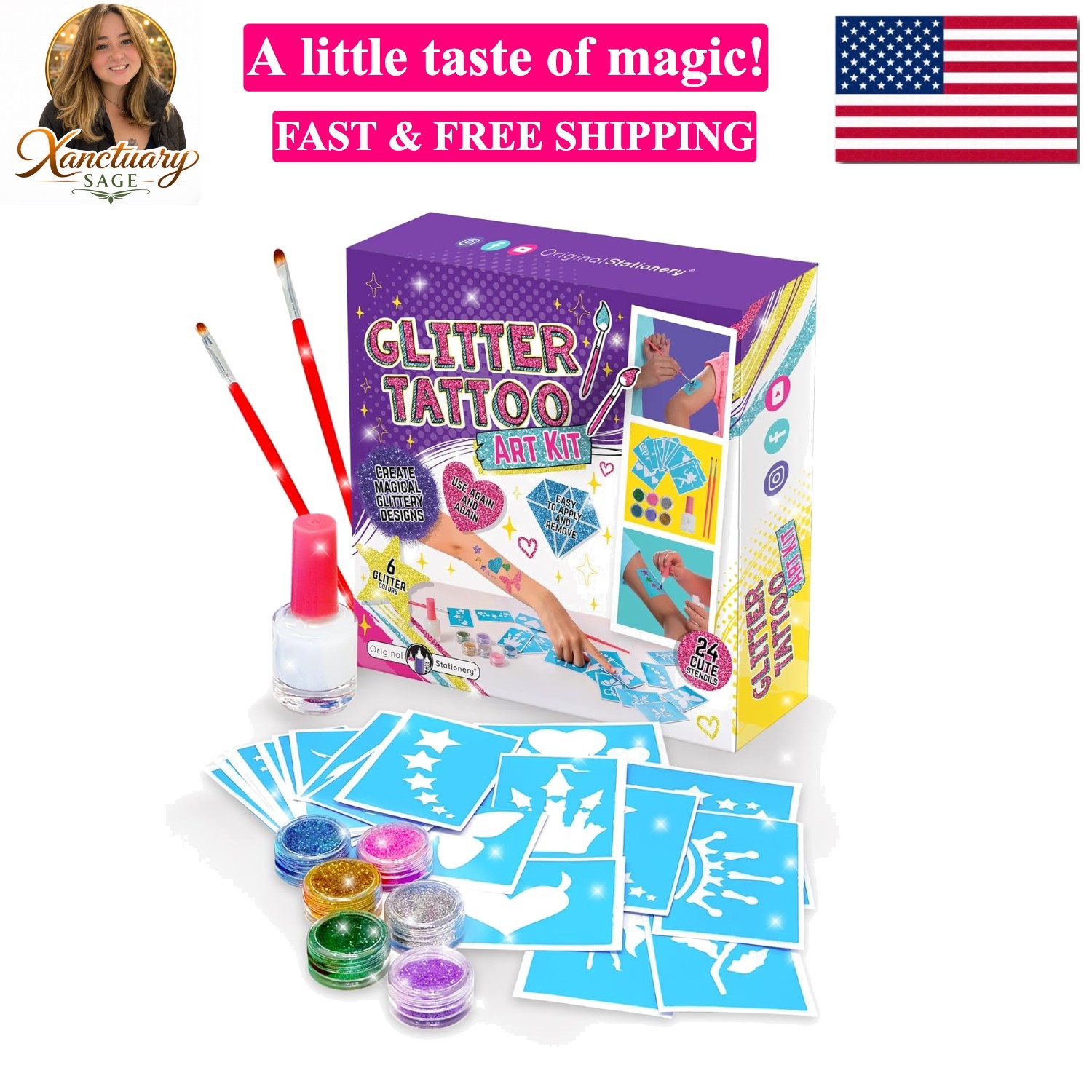 Glitter Tattoo Kit – 33-Piece Multicolor Set, Ages 3-8, 24 Stencils, 6 Color …