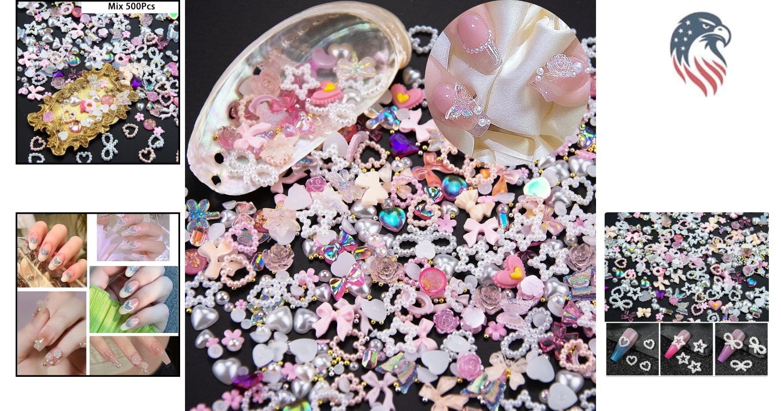 500pcs Assorted Pink 3D Nail Charms Pearl Heart Flower Bowknot Beads