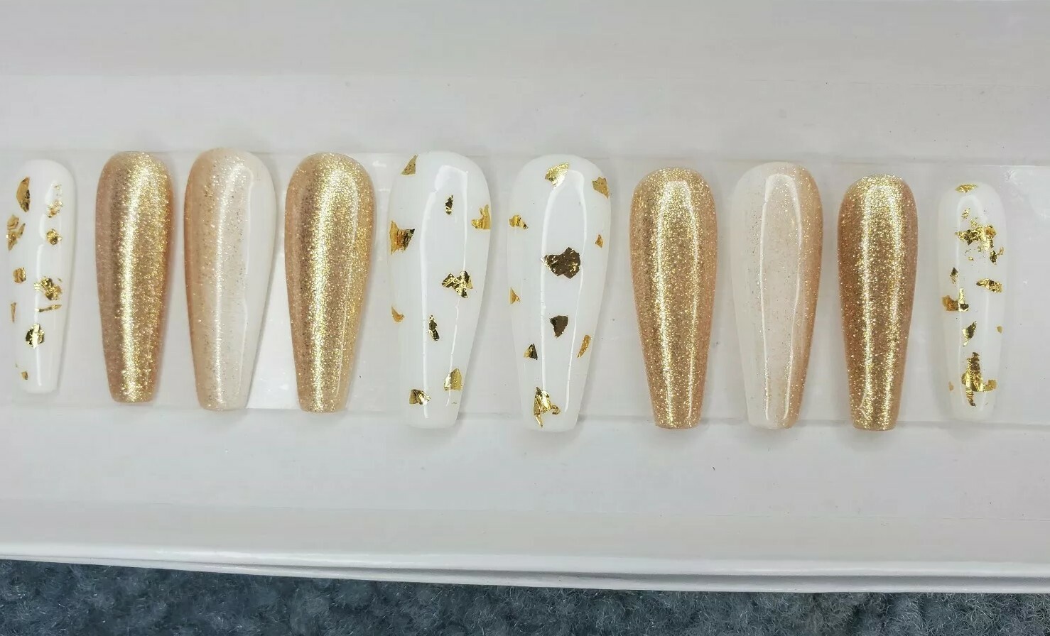 White & Gold flakes chrome metallic Bling glitter ombre press on nails long nail