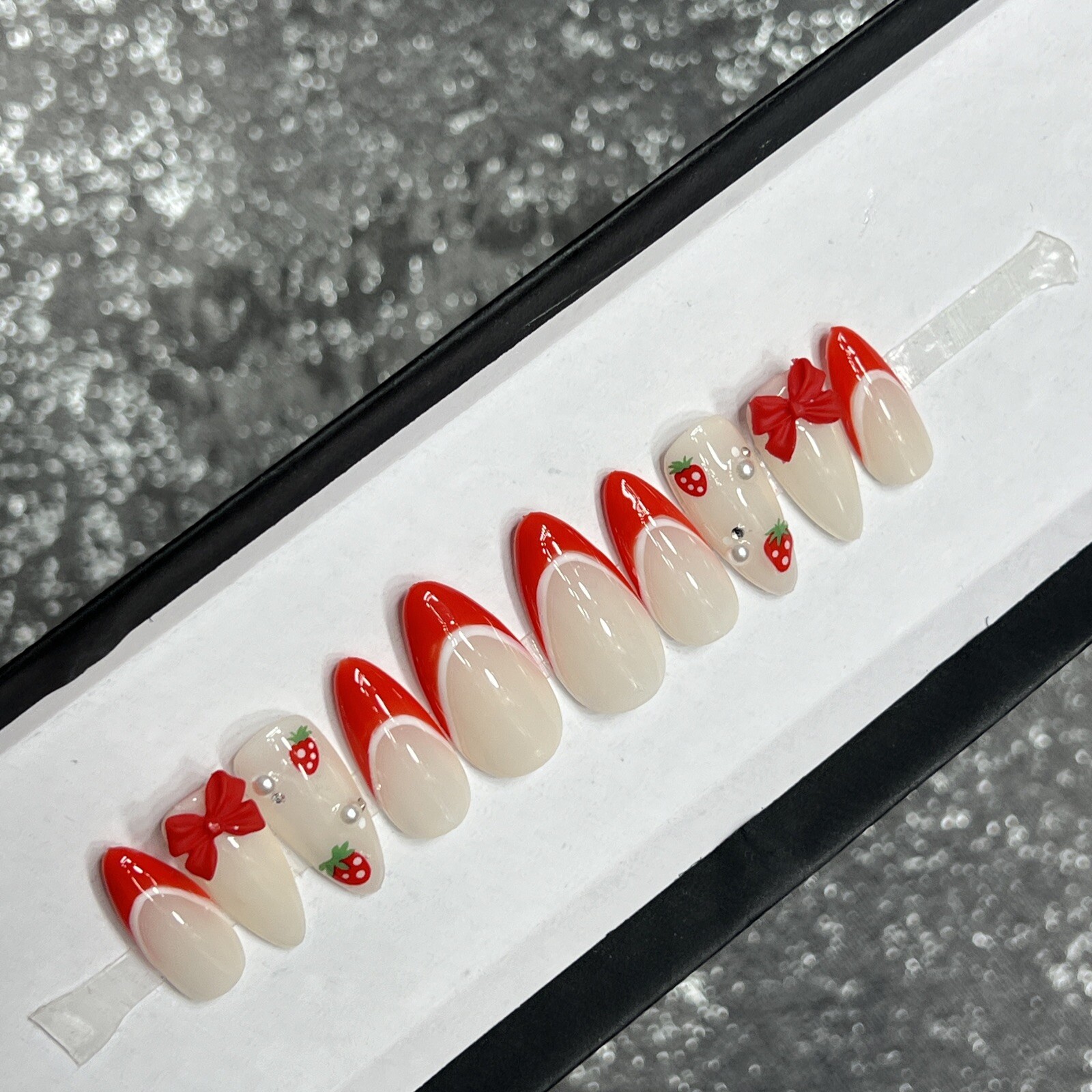 🍓 CUSTOM Hard Gel Press On False Nails, Strawberry 10p Set Medium Almond W Kit