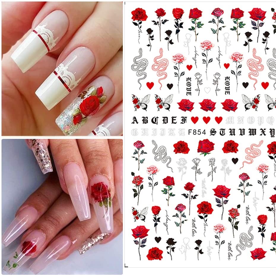 6 Sheets Flower Nail Art Stickers 3D Blue Pink Red Rose Nail Decals Spring Su…