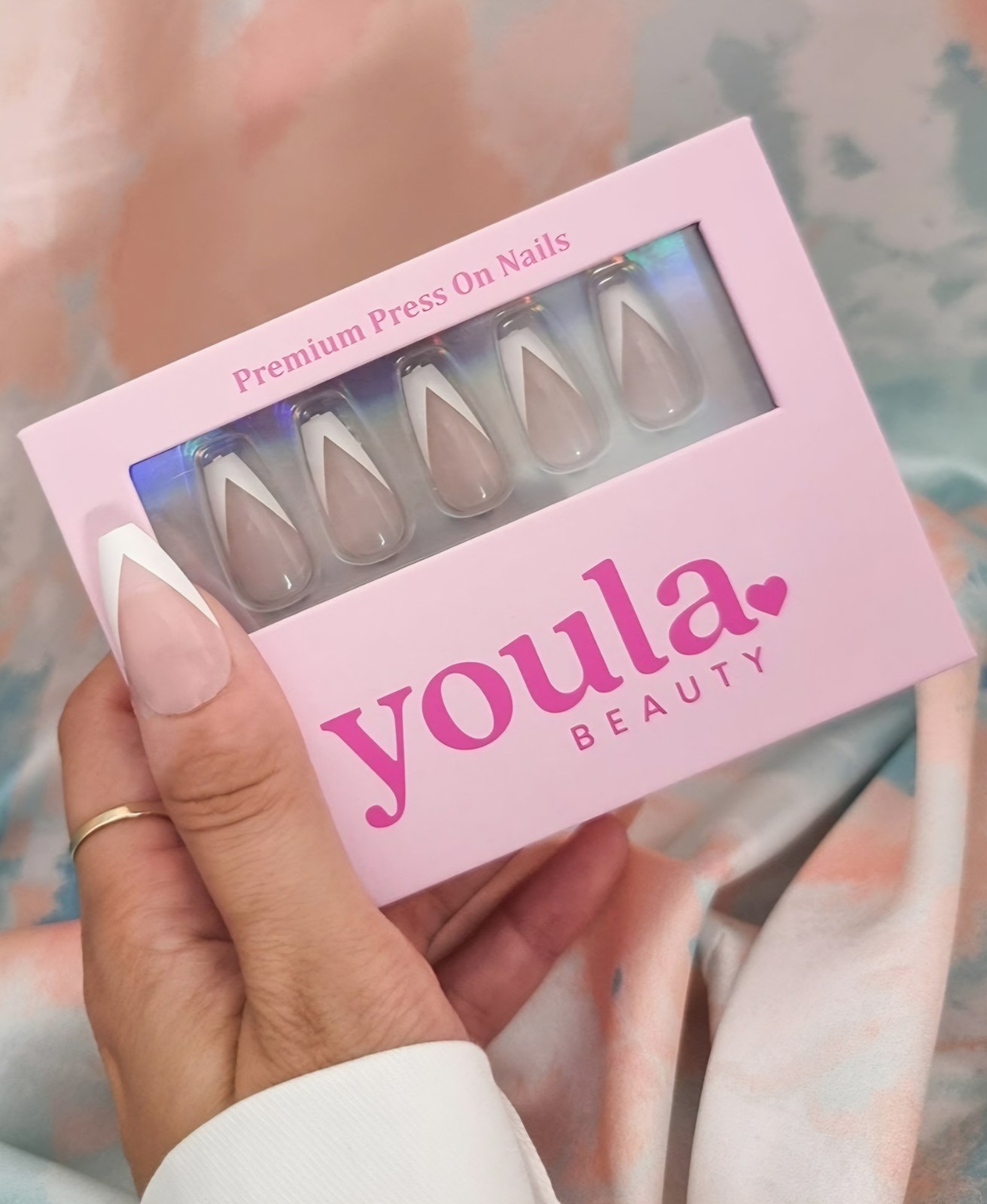 Youla Beauty Press-on Nails Nude/White French Coffin – Reusable & Customisable